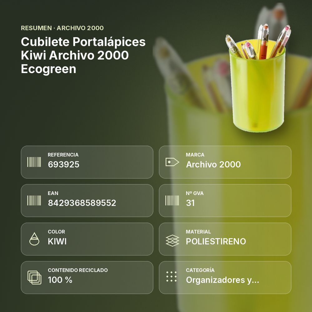 CUBILETE PORTALÁPICES KIWI ARCHIVO 2000 ECOGREEN - resumen de atributos
