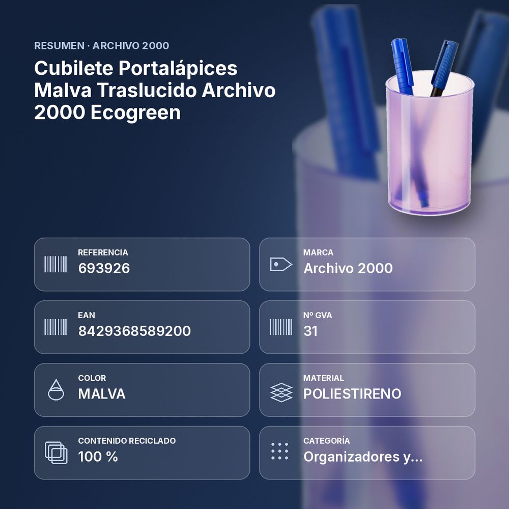 CUBILETE PORTALÁPICES MALVA TRASLUCIDO ARCHIVO 2000 ECOGREEN - resumen de atributos