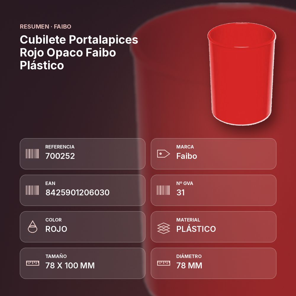 CUBILETE PORTALAPICES ROJO OPACO FAIBO PLÁSTICO  - resumen de atributos