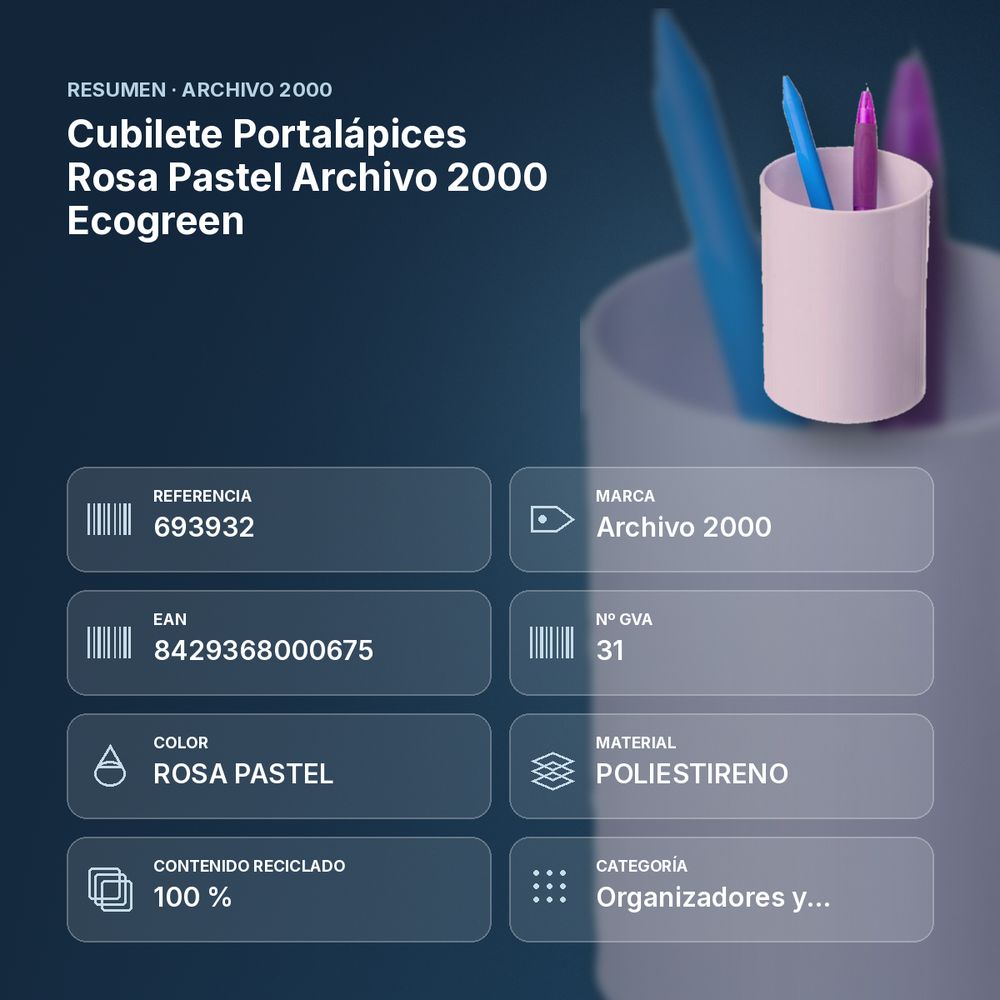 CUBILETE PORTALÁPICES ROSA PASTEL ARCHIVO 2000 ECOGREEN - resumen de atributos