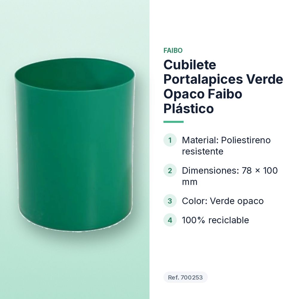 CUBILETE PORTALAPICES VERDE OPACO FAIBO PLÁSTICO  - características principales