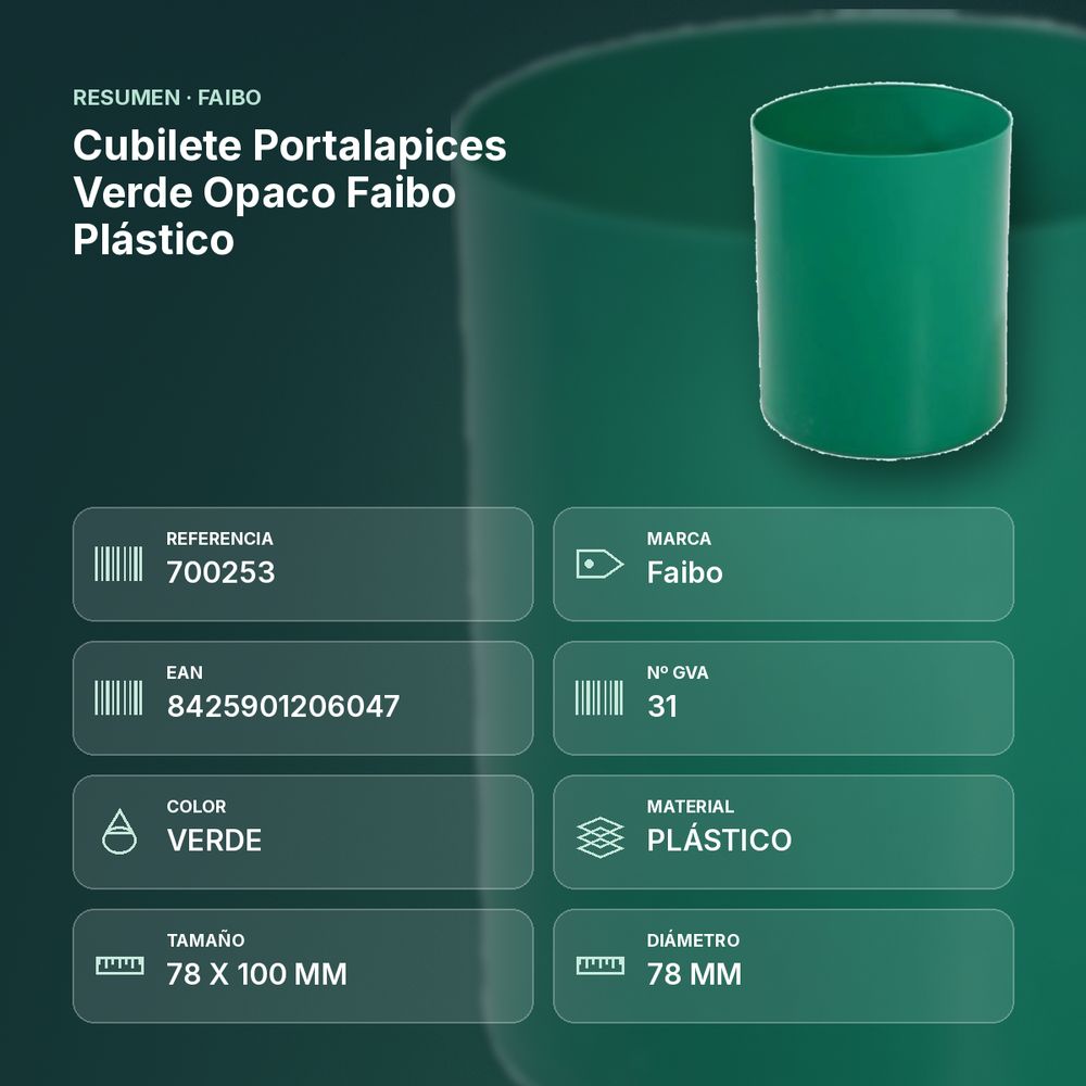 CUBILETE PORTALAPICES VERDE OPACO FAIBO PLÁSTICO  - resumen de atributos