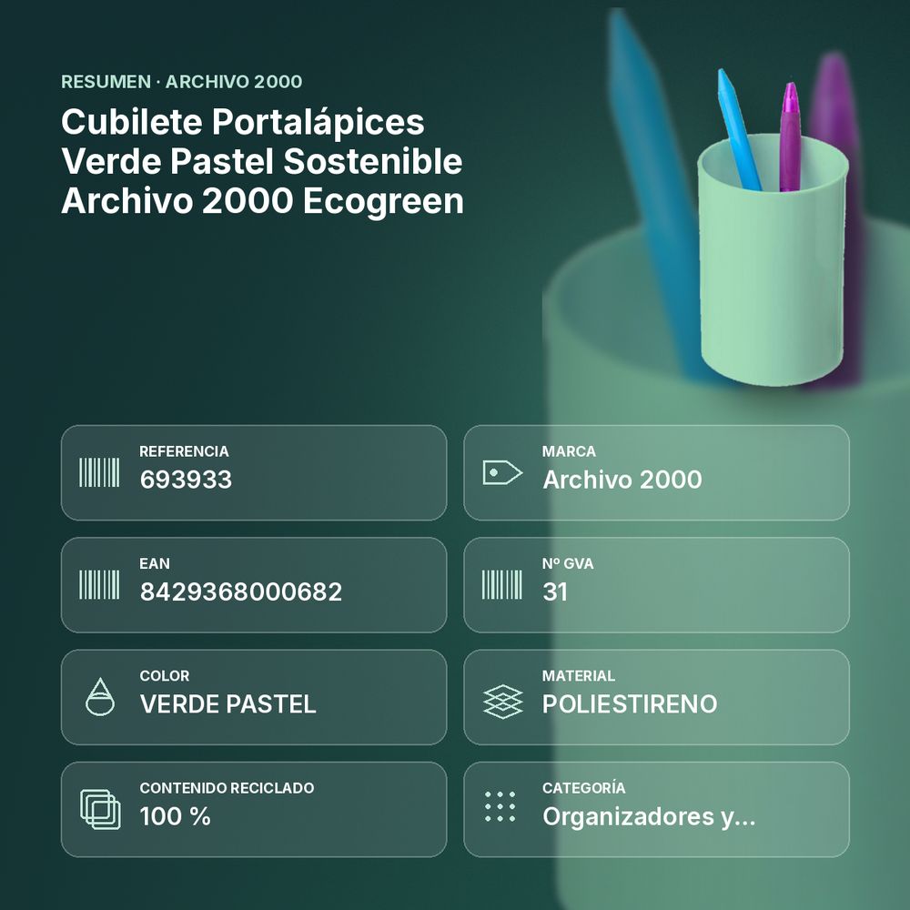 CUBILETE PORTALÁPICES VERDE PASTEL SOSTENIBLE ARCHIVO 2000 ECOGREEN - resumen de atributos