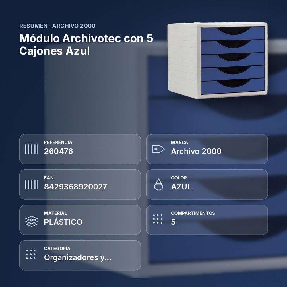 MÓDULO ARCHIVOTEC CON 5 CAJONES AZUL - resumen de atributos