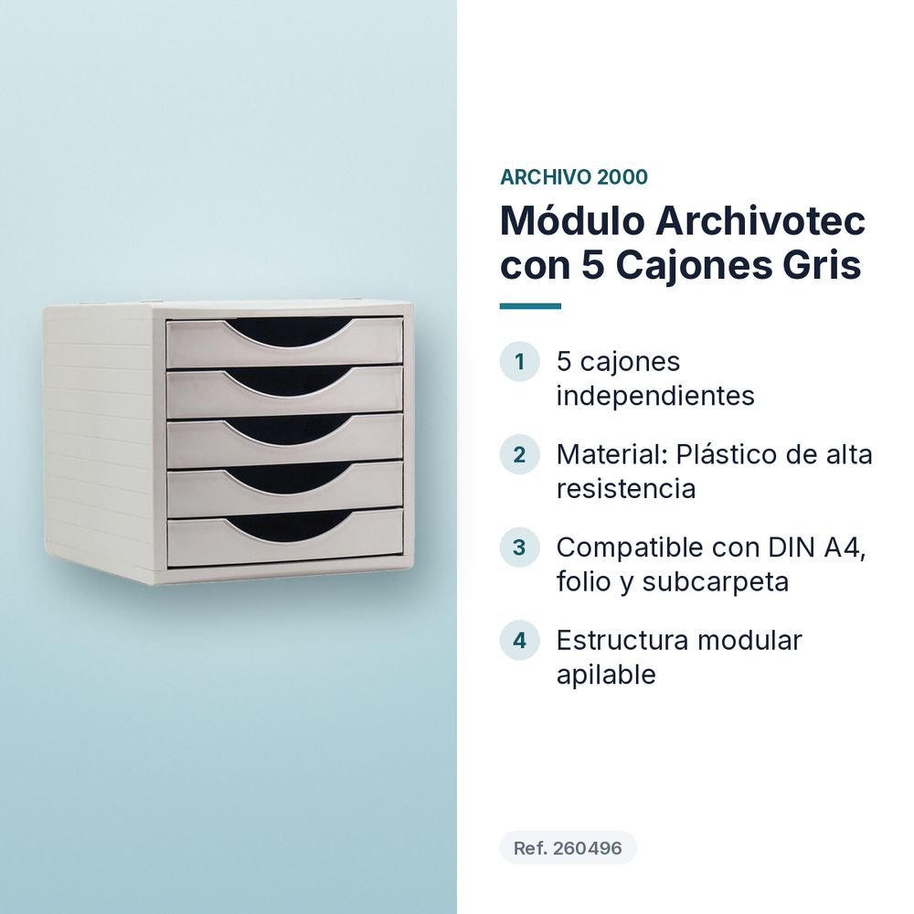 MÓDULO ARCHIVOTEC CON 5 CAJONES GRIS - características principales