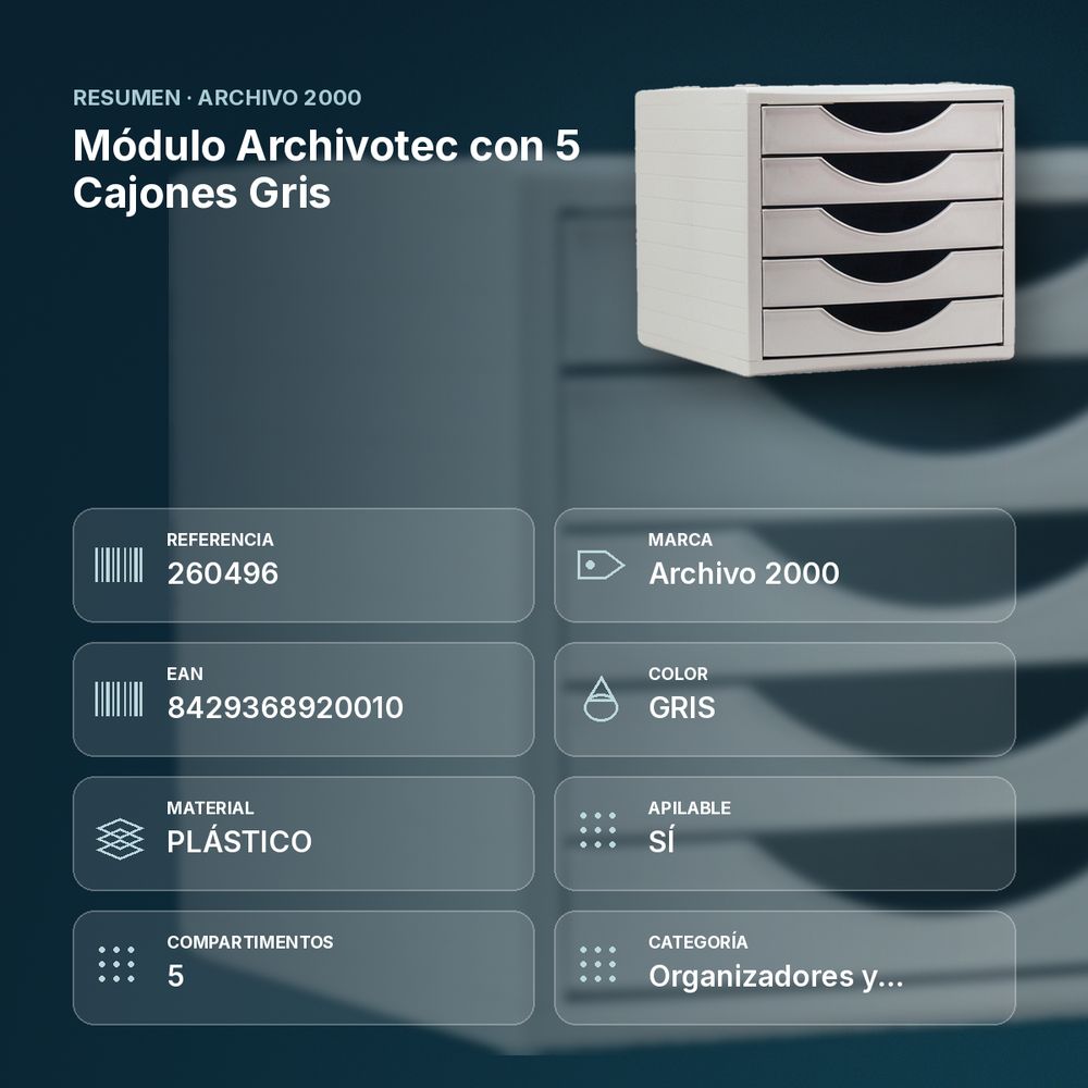 MÓDULO ARCHIVOTEC CON 5 CAJONES GRIS - resumen de atributos