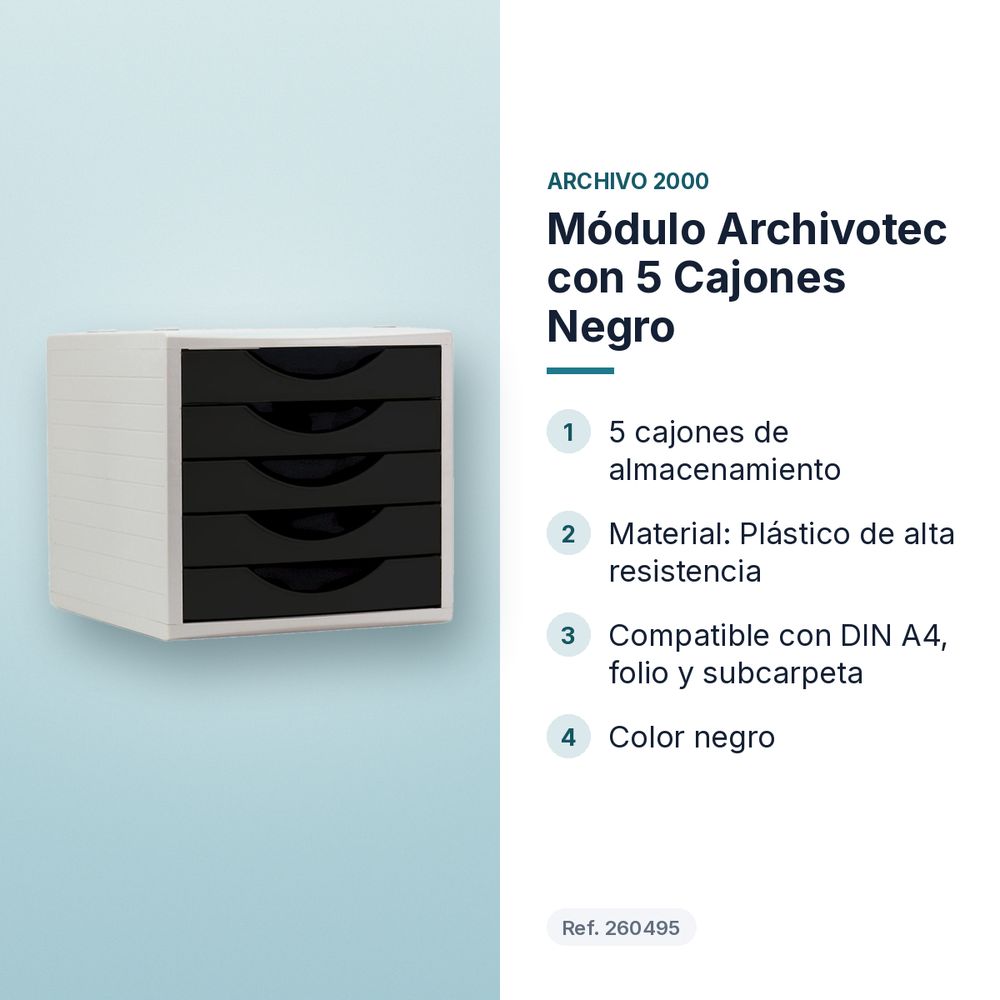 MÓDULO ARCHIVOTEC CON 5 CAJONES NEGRO - características principales