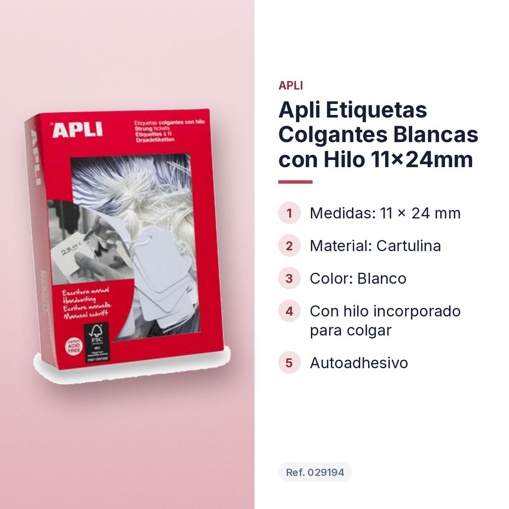 APLI ETIQUETAS COLGANTES BLANCAS CON HILO 11X24MM - características principales