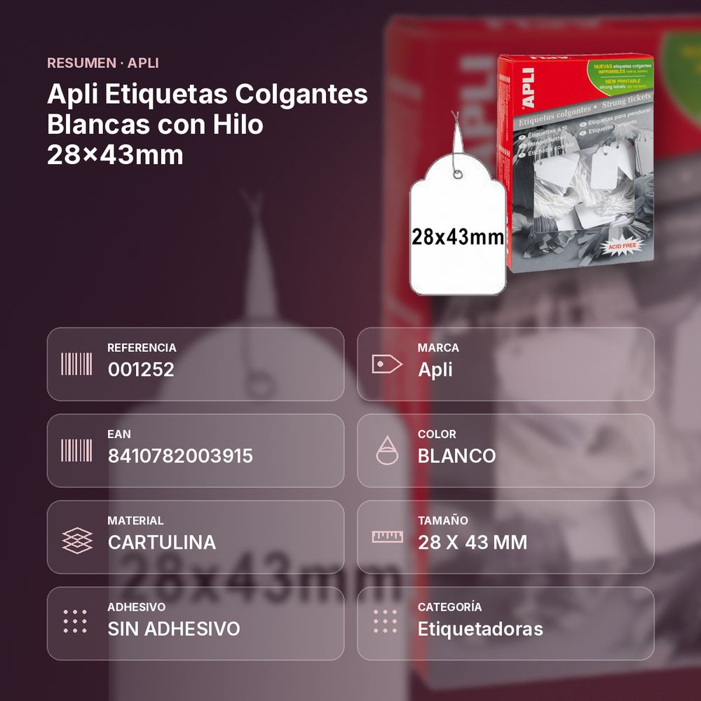APLI ETIQUETAS COLGANTES BLANCAS CON HILO 28X43MM  - resumen de atributos