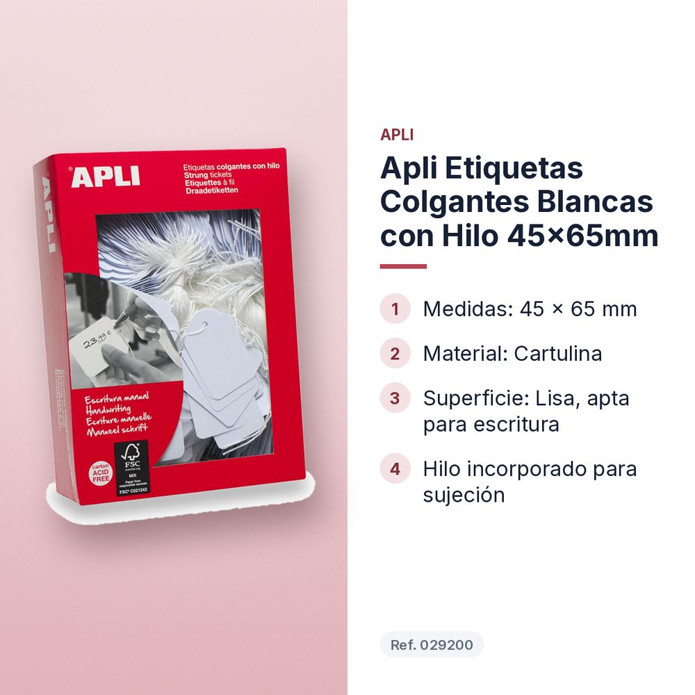 APLI ETIQUETAS COLGANTES BLANCAS CON HILO 45X65MM  - características principales