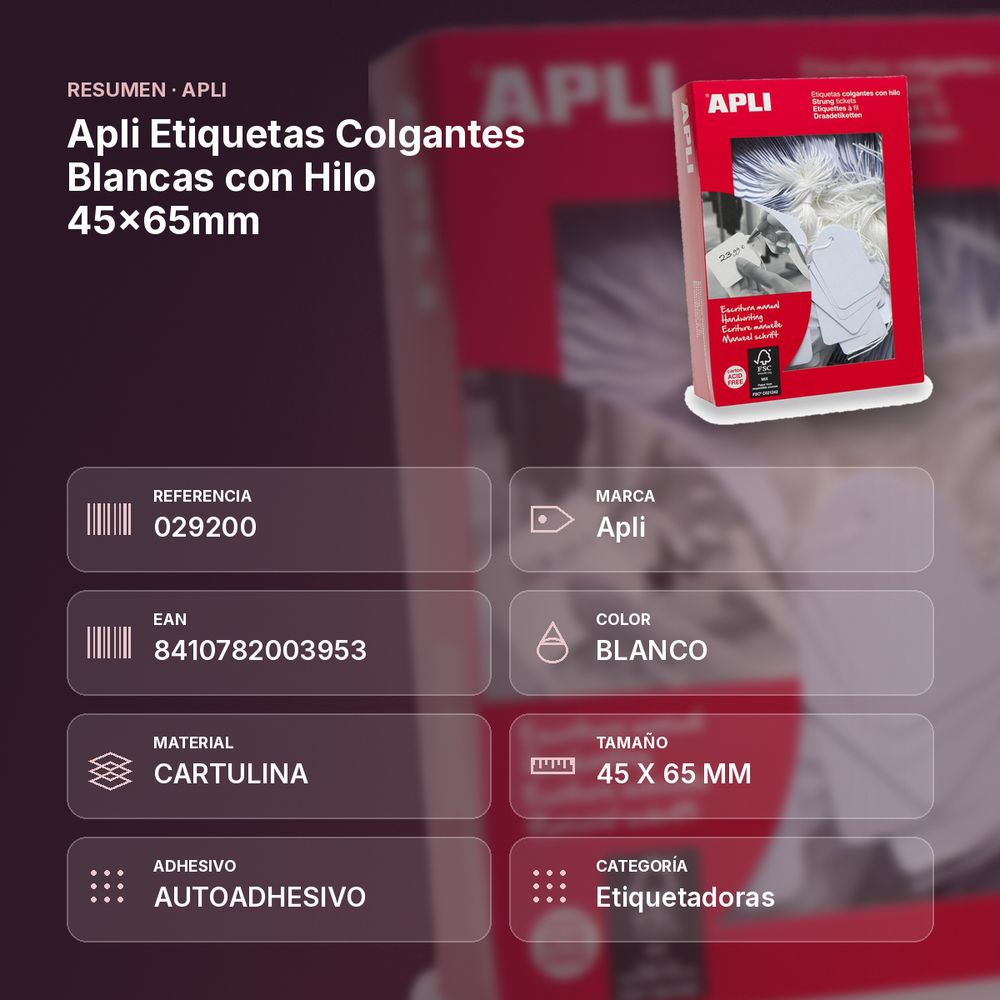 APLI ETIQUETAS COLGANTES BLANCAS CON HILO 45X65MM  - resumen de atributos
