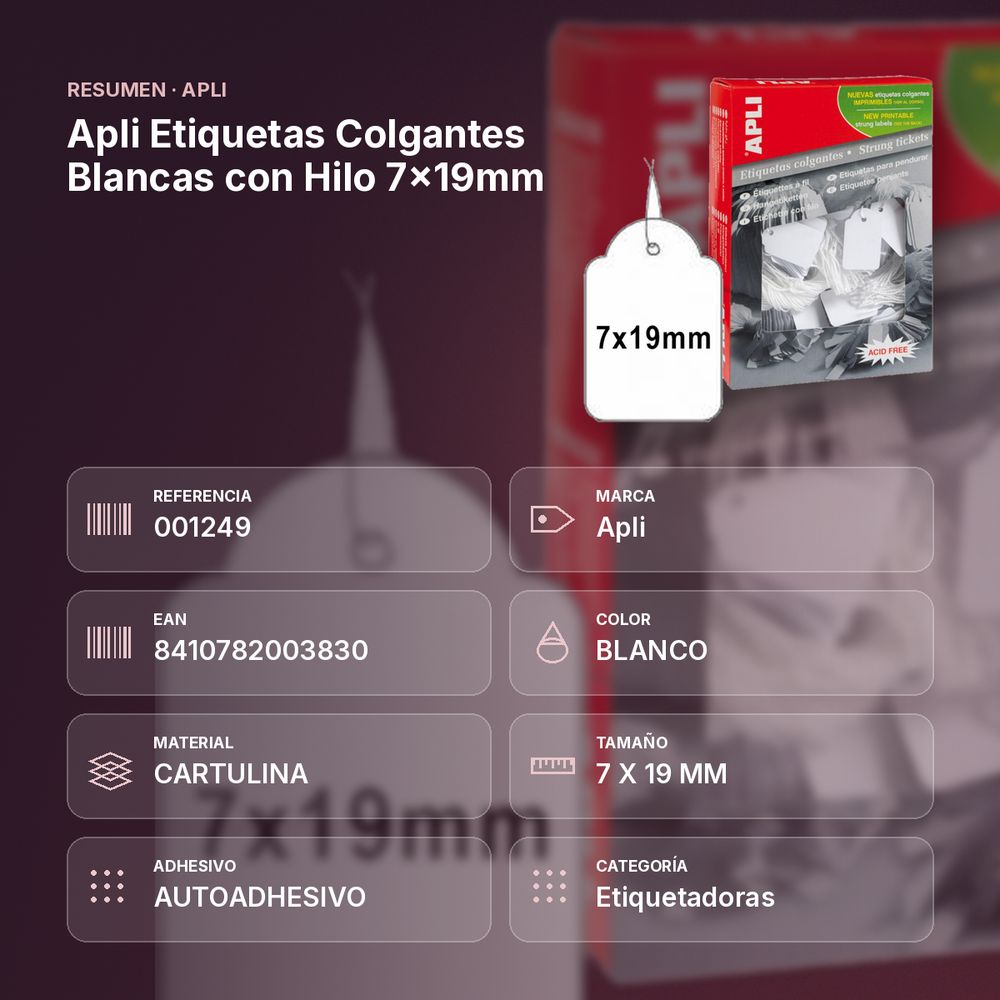 APLI ETIQUETAS COLGANTES BLANCAS CON HILO 7X19MM  - resumen de atributos