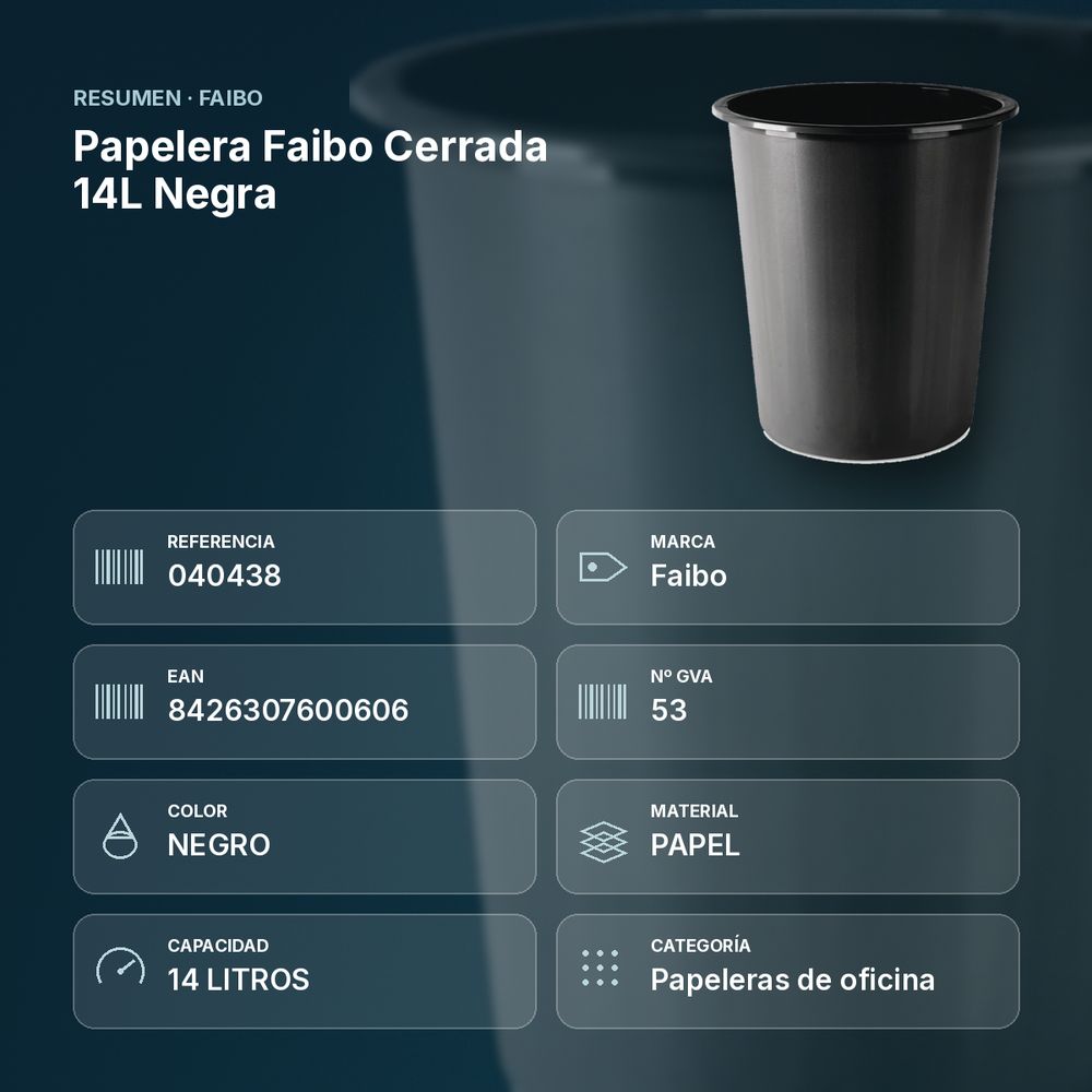 PAPELERA FAIBO CERRADA 14L NEGRA - resumen de atributos
