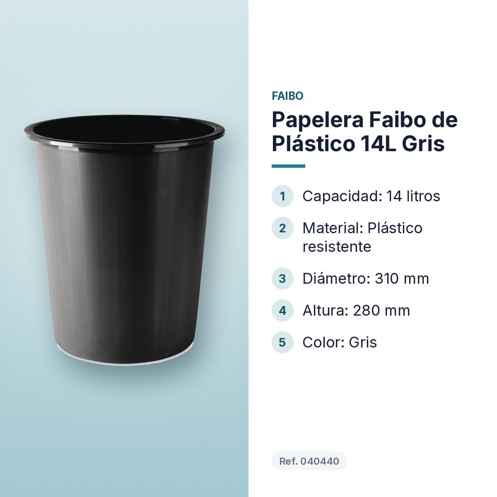 PAPELERA FAIBO DE PLÁSTICO 14L GRIS  - características principales