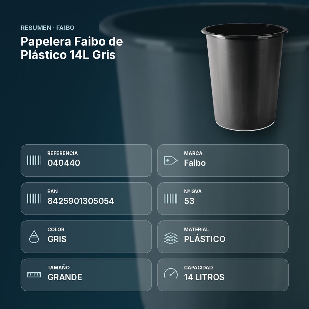 PAPELERA FAIBO DE PLÁSTICO 14L GRIS  - resumen de atributos