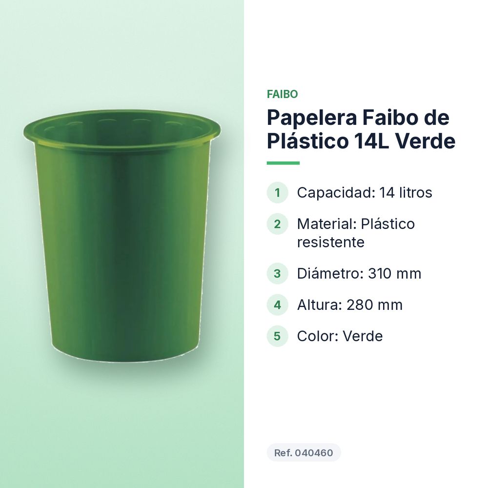 PAPELERA FAIBO DE PLÁSTICO 14L VERDE  - características principales