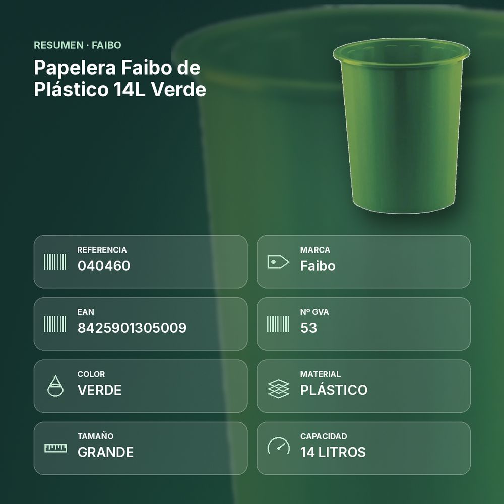 PAPELERA FAIBO DE PLÁSTICO 14L VERDE  - resumen de atributos