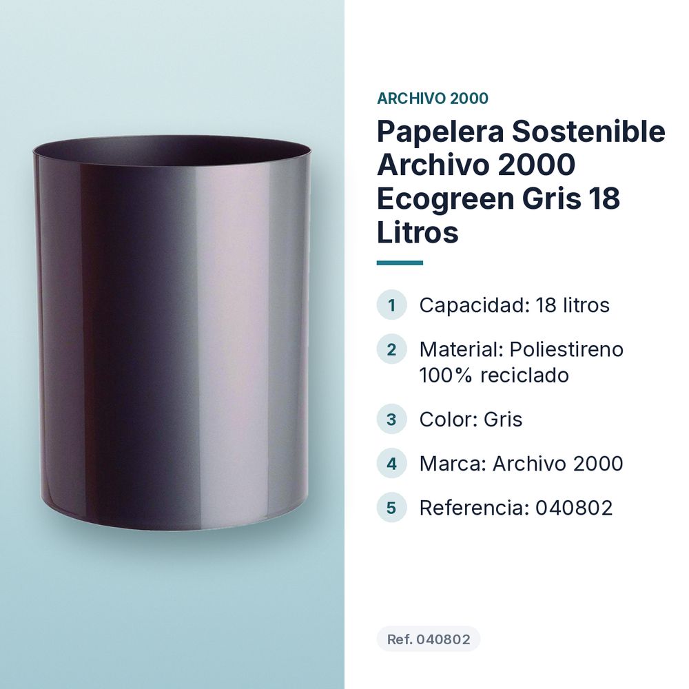 PAPELERA SOSTENIBLE ARCHIVO 2000 ECOGREEN GRIS 18 LITROS - características principales