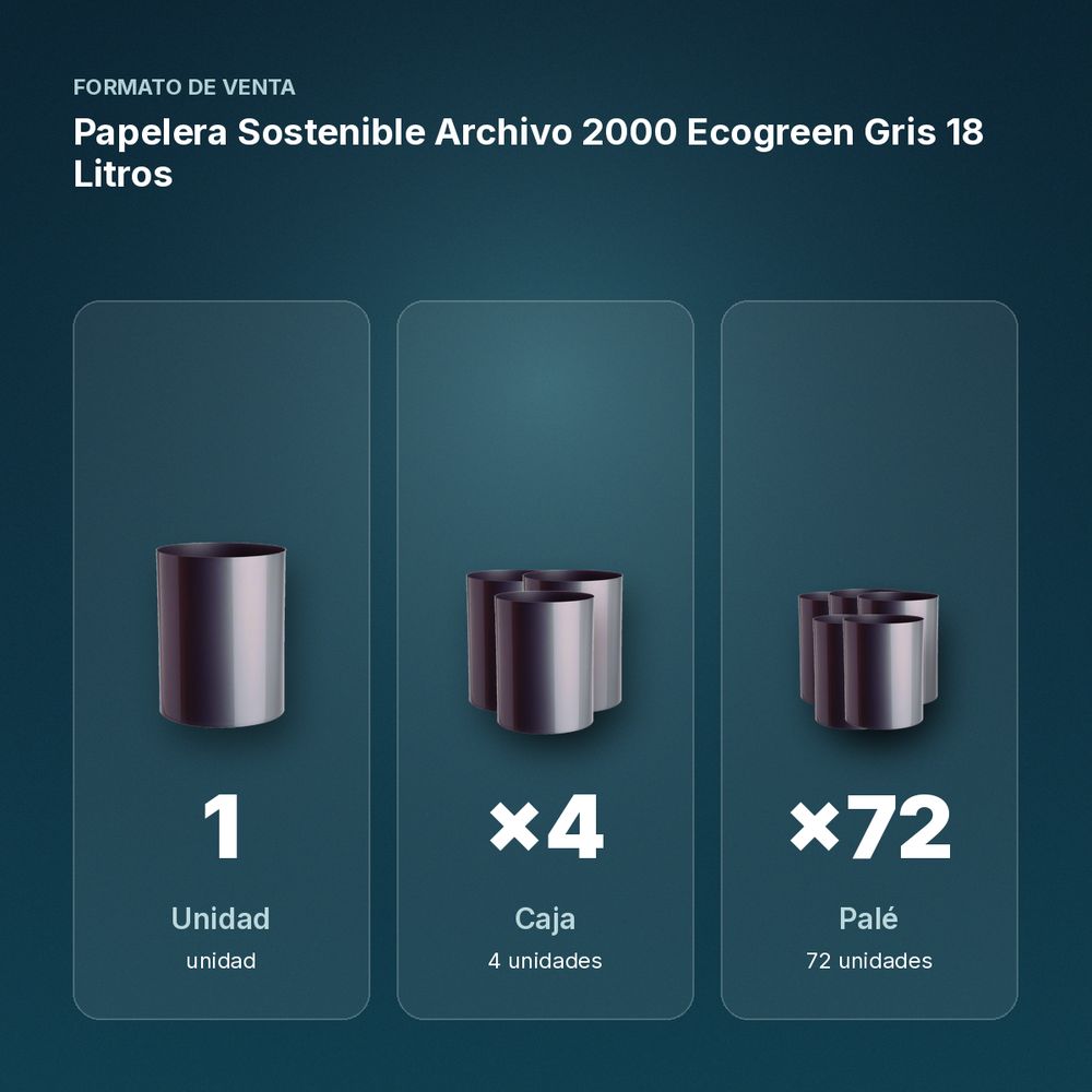 PAPELERA SOSTENIBLE ARCHIVO 2000 ECOGREEN GRIS 18 LITROS - formato de venta: caja de 4, palé de 72