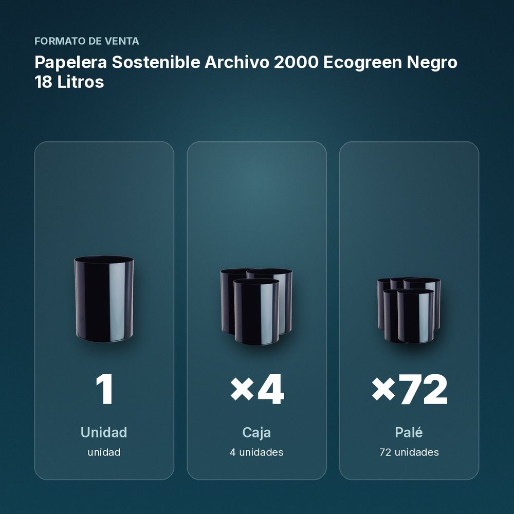 PAPELERA SOSTENIBLE ARCHIVO 2000 ECOGREEN NEGRO 18 LITROS - formato de venta: caja de 4, palé de 72