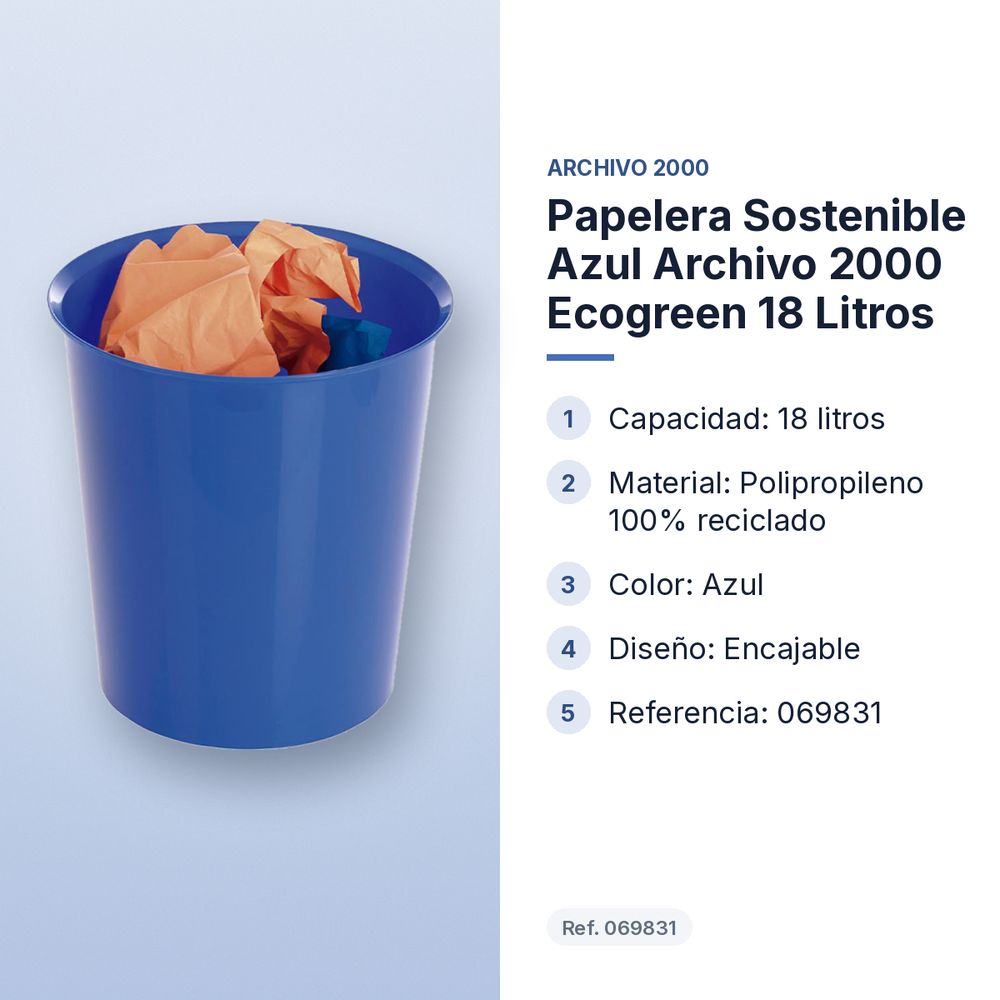 PAPELERA SOSTENIBLE AZUL ARCHIVO 2000 ECOGREEN 18 LITROS - características principales