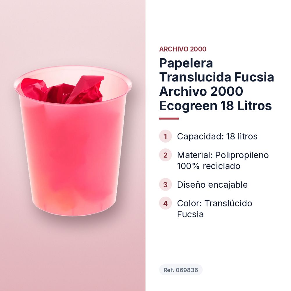 PAPELERA TRANSLUCIDA FUCSIA ARCHIVO 2000 ECOGREEN 18 LITROS - características principales