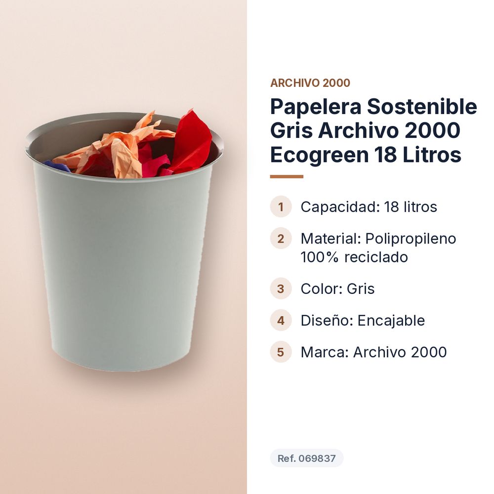 PAPELERA SOSTENIBLE GRIS ARCHIVO 2000 ECOGREEN 18 LITROS - características principales