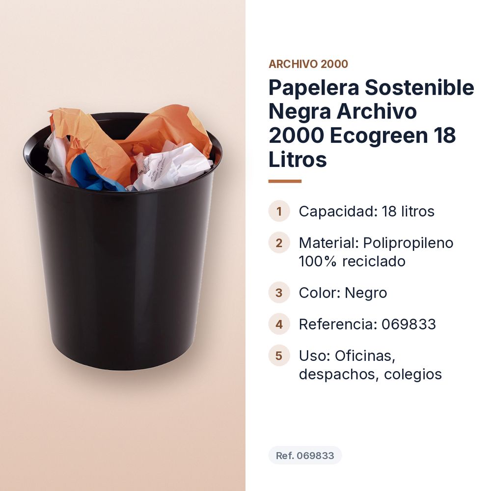 PAPELERA SOSTENIBLE NEGRA ARCHIVO 2000 ECOGREEN 18 LITROS - características principales