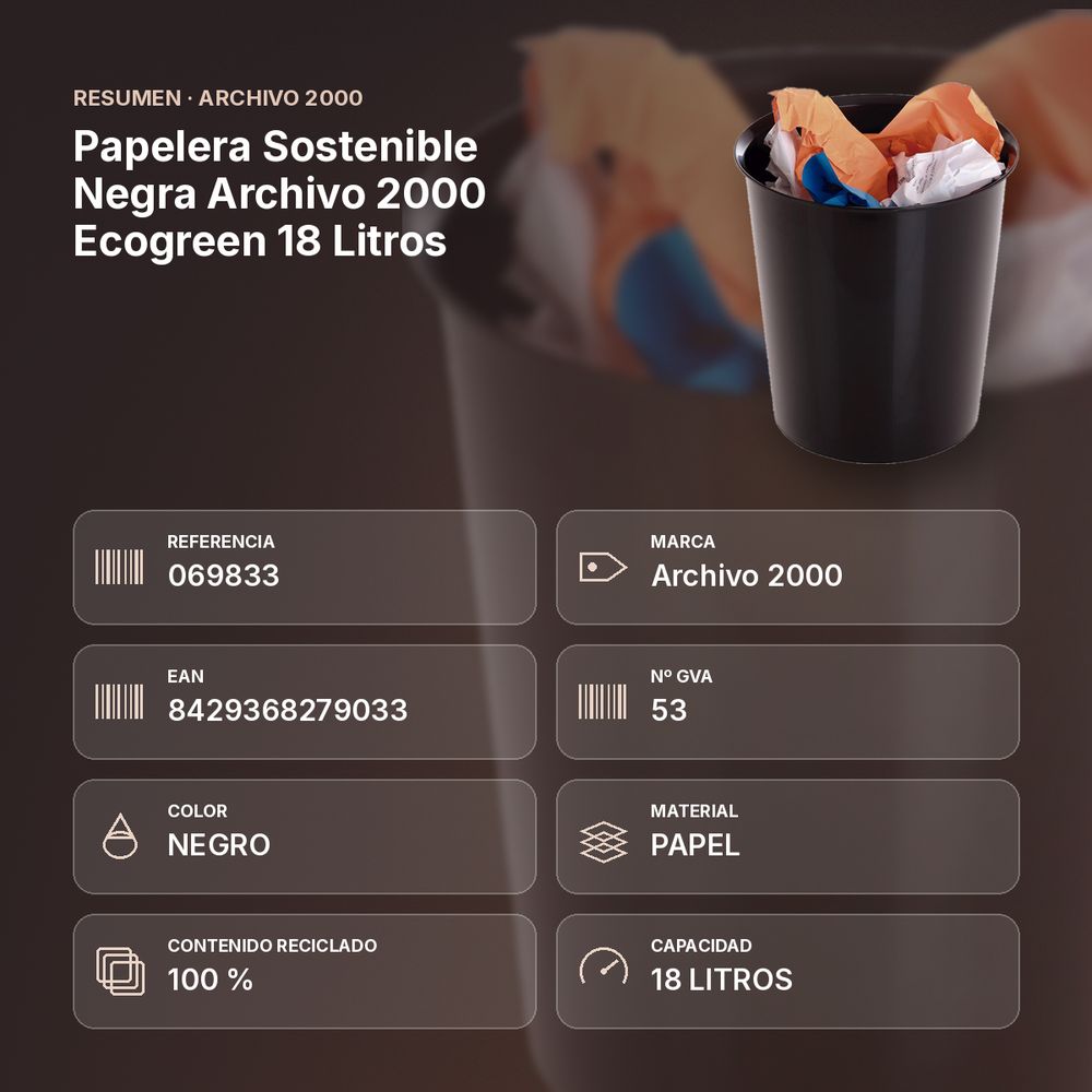 PAPELERA SOSTENIBLE NEGRA ARCHIVO 2000 ECOGREEN 18 LITROS - resumen de atributos