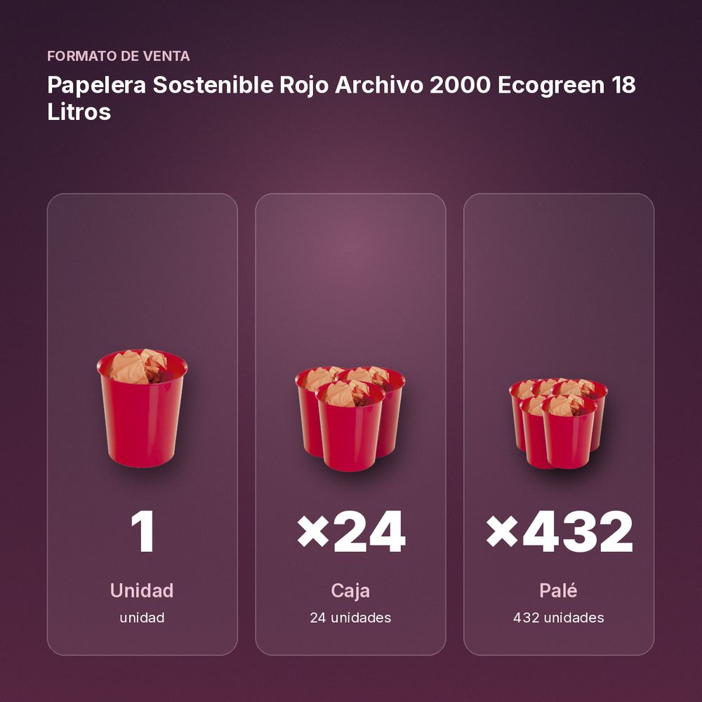 PAPELERA SOSTENIBLE ROJO ARCHIVO 2000 ECOGREEN 18 LITROS - formato de venta: caja de 24, palé de 432