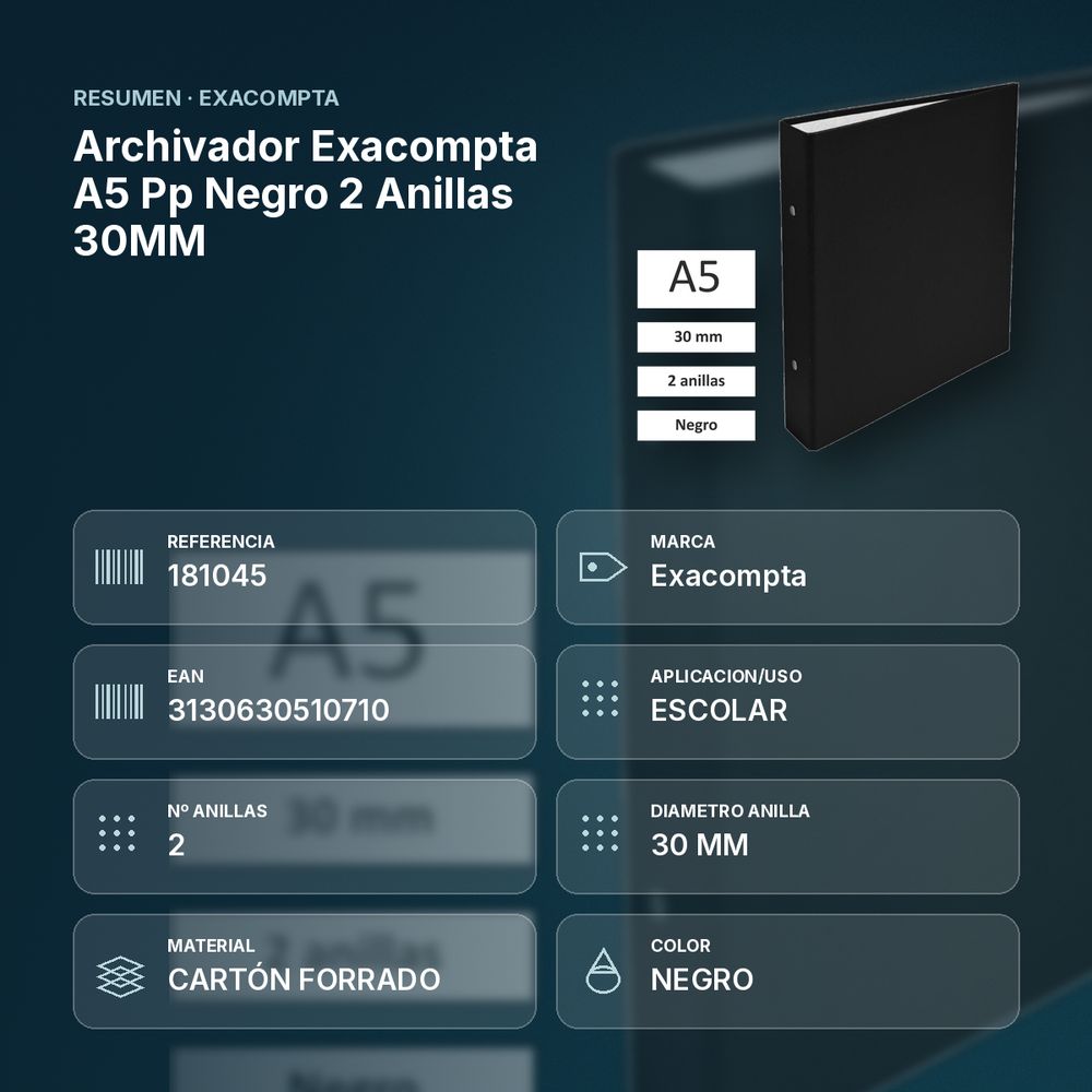 ARCHIVADOR EXACOMPTA A5 PP NEGRO 2 ANILLAS 30MM - resumen de atributos