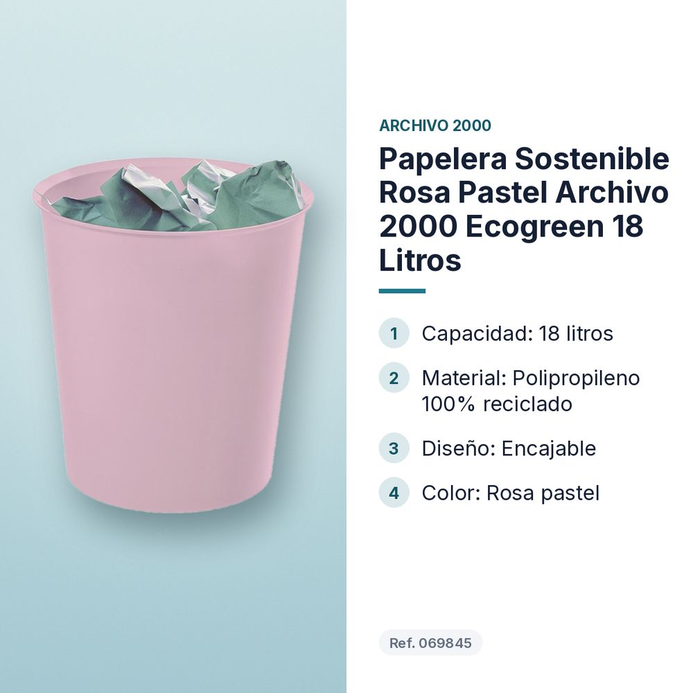 PAPELERA SOSTENIBLE ROSA PASTEL ARCHIVO 2000 ECOGREEN 18 LITROS - características principales