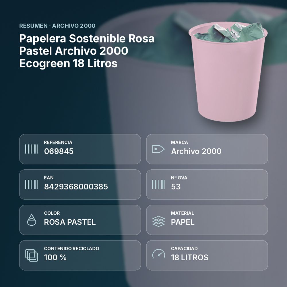 PAPELERA SOSTENIBLE ROSA PASTEL ARCHIVO 2000 ECOGREEN 18 LITROS - resumen de atributos