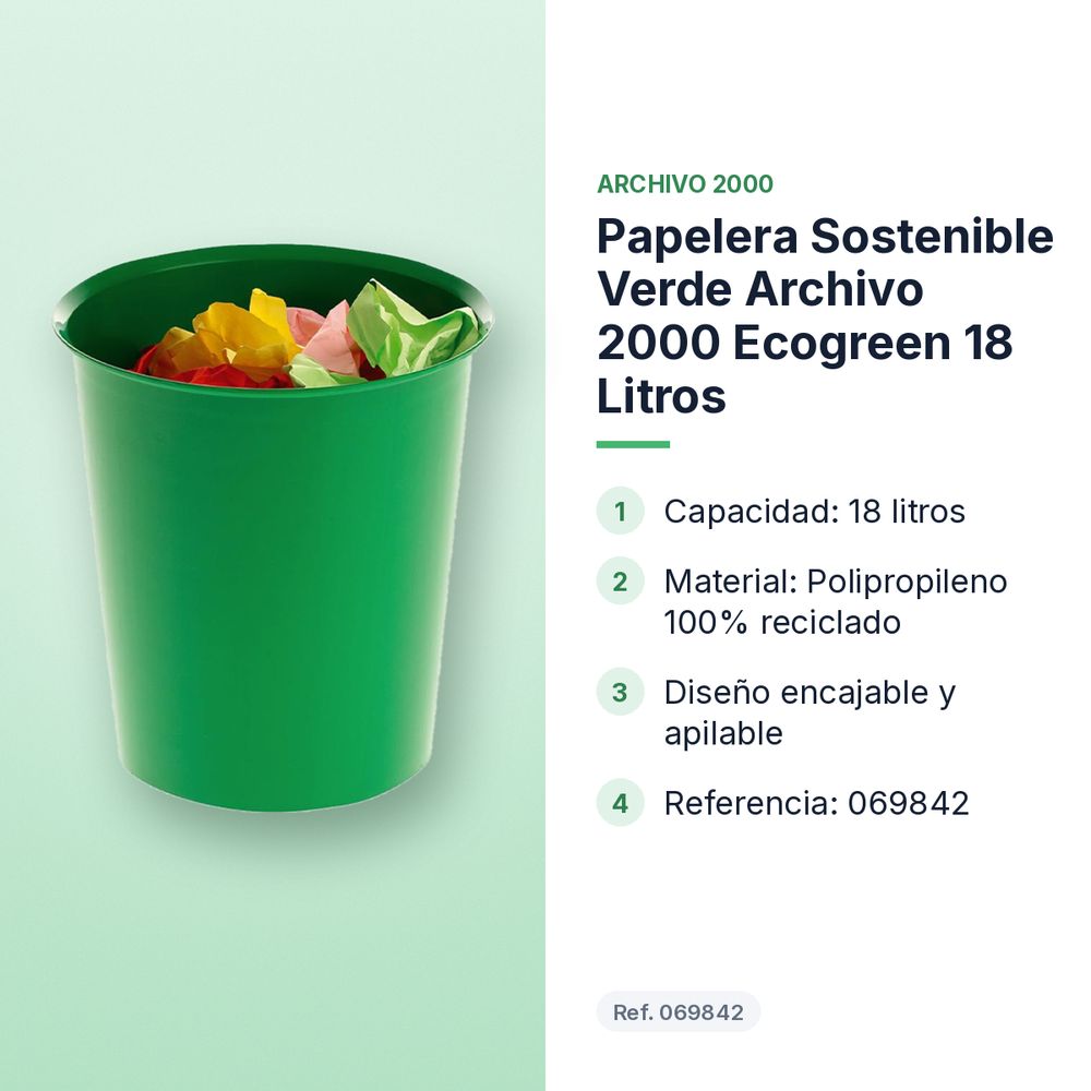 PAPELERA SOSTENIBLE VERDE ARCHIVO 2000 ECOGREEN 18 LITROS - características principales