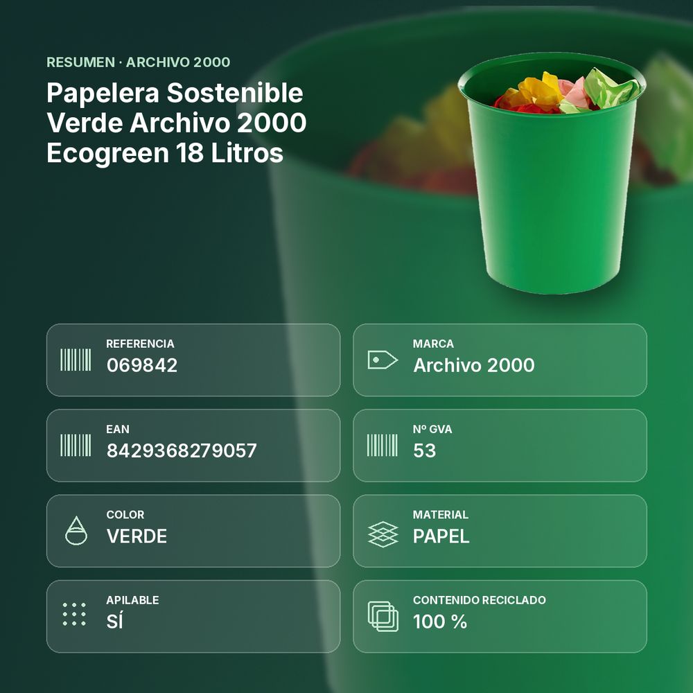 PAPELERA SOSTENIBLE VERDE ARCHIVO 2000 ECOGREEN 18 LITROS - resumen de atributos