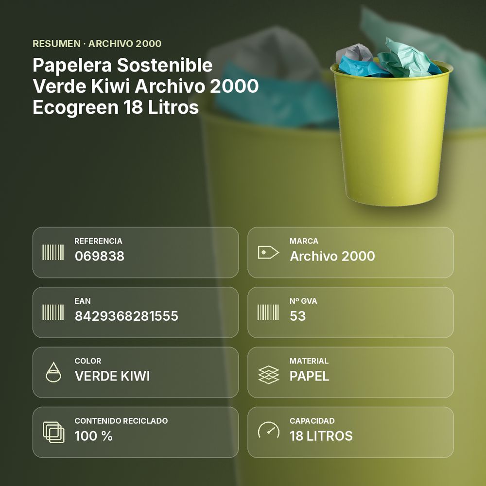 PAPELERA SOSTENIBLE VERDE KIWI ARCHIVO 2000 ECOGREEN 18 LITROS - resumen de atributos