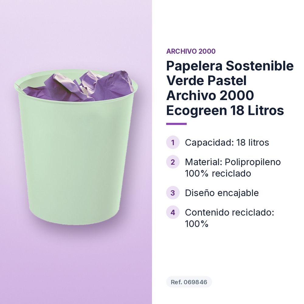 PAPELERA SOSTENIBLE VERDE PASTEL ARCHIVO 2000 ECOGREEN 18 LITROS - características principales