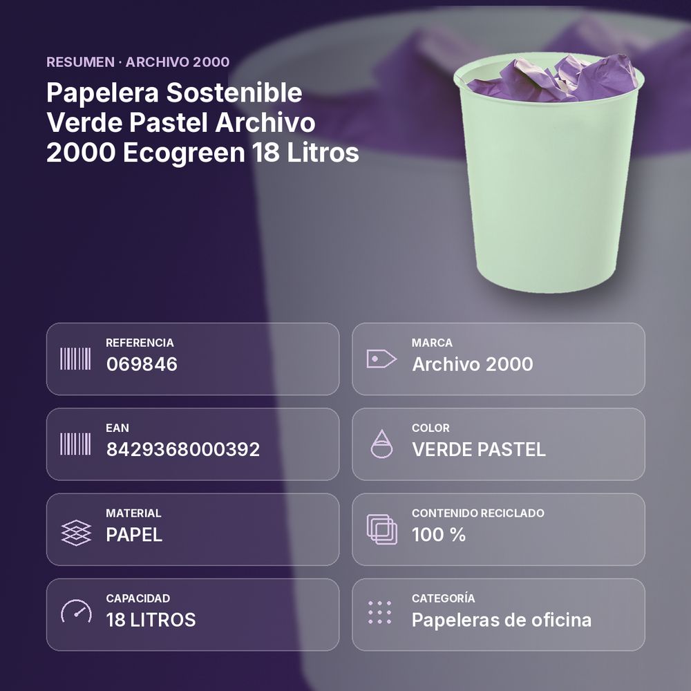 PAPELERA SOSTENIBLE VERDE PASTEL ARCHIVO 2000 ECOGREEN 18 LITROS - resumen de atributos