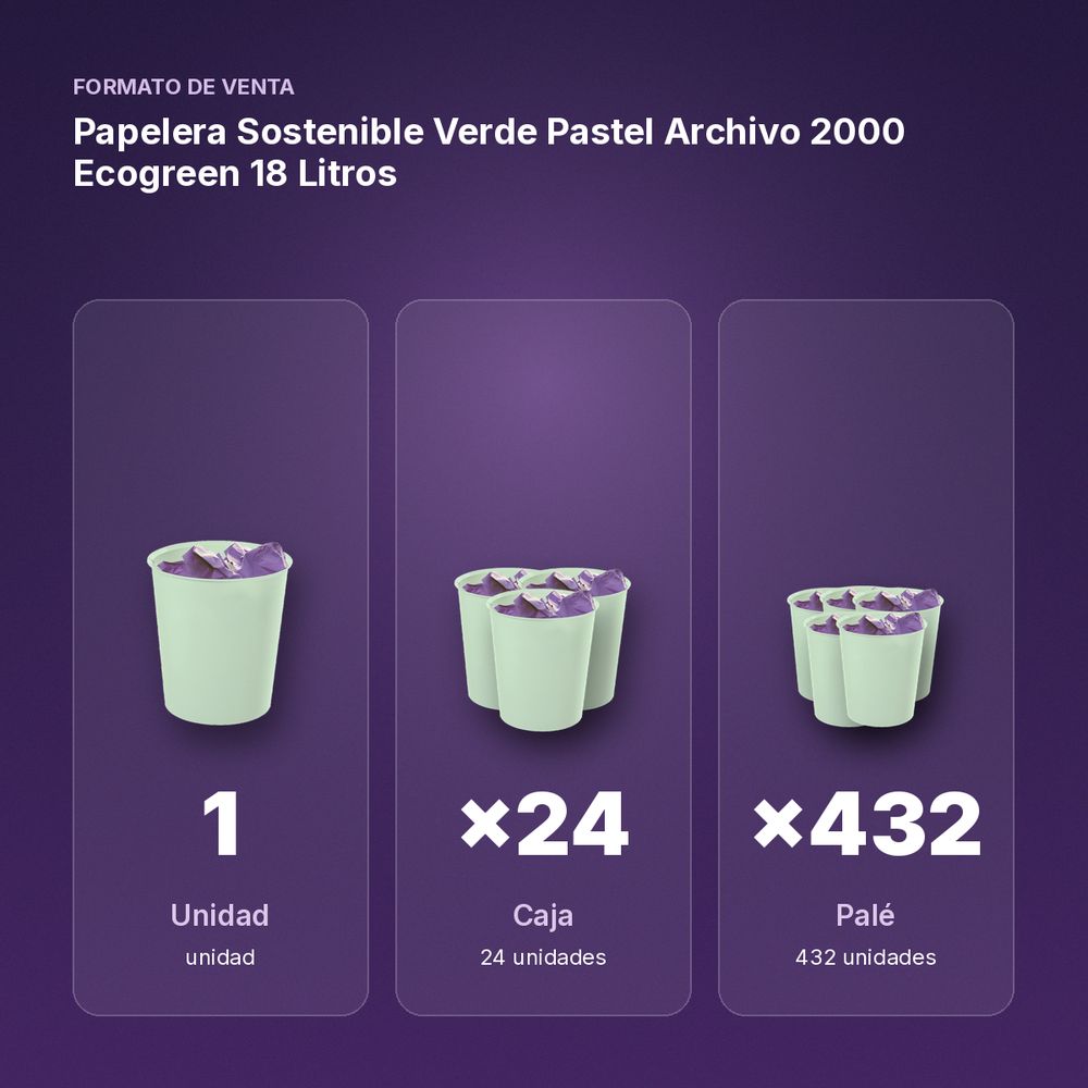 PAPELERA SOSTENIBLE VERDE PASTEL ARCHIVO 2000 ECOGREEN 18 LITROS - formato de venta: caja de 24, palé de 432
