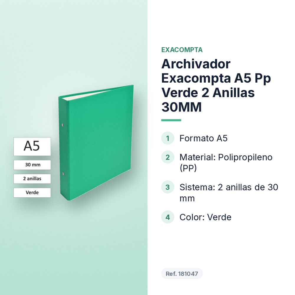 ARCHIVADOR EXACOMPTA A5 PP VERDE 2 ANILLAS 30MM - características principales