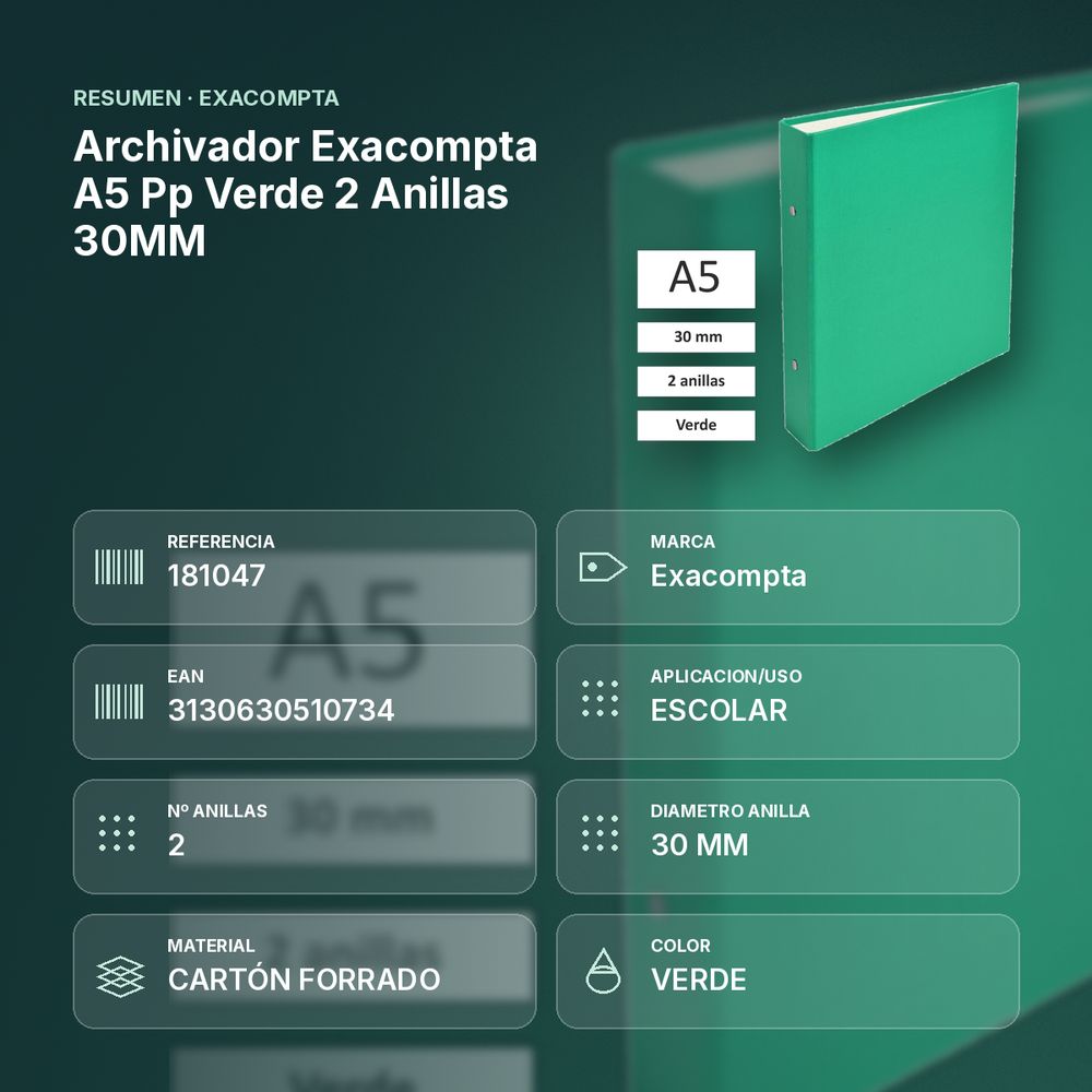 ARCHIVADOR EXACOMPTA A5 PP VERDE 2 ANILLAS 30MM - resumen de atributos