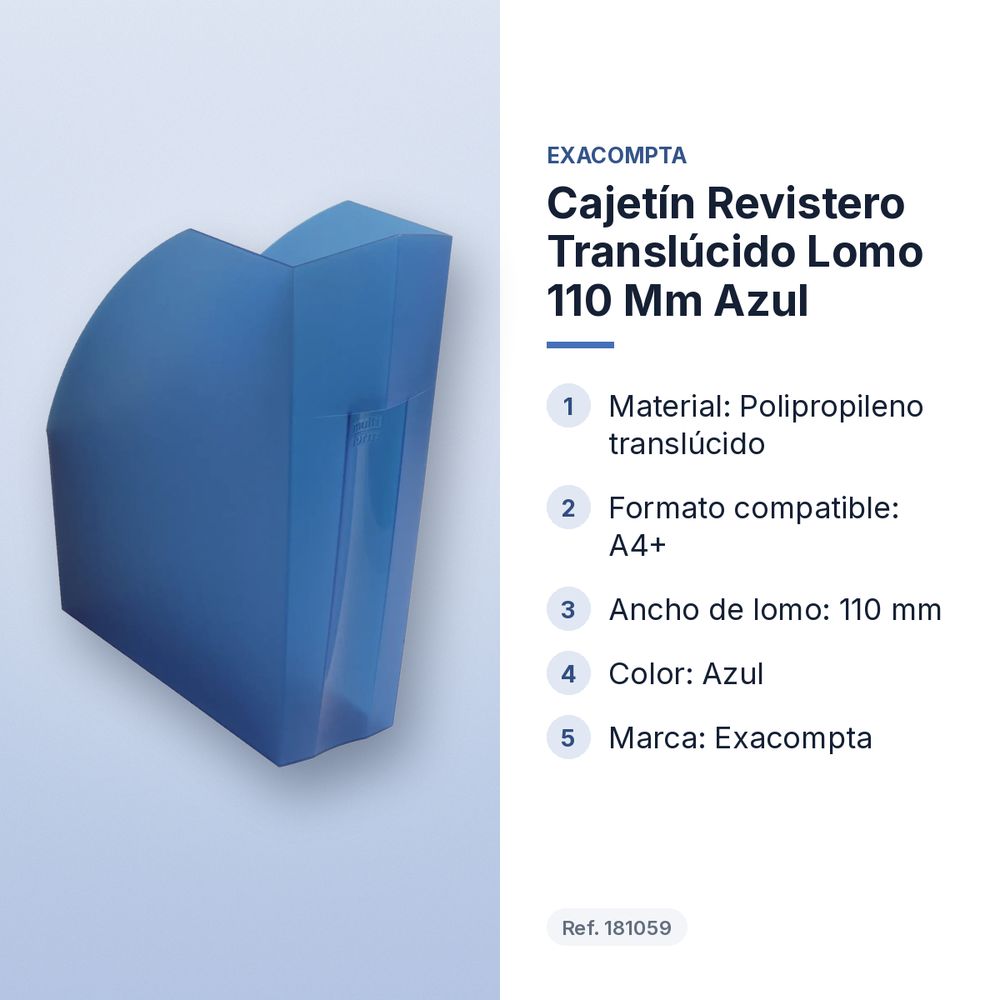 CAJETÍN REVISTERO TRANSLÚCIDO LOMO 110 MM AZUL - características principales