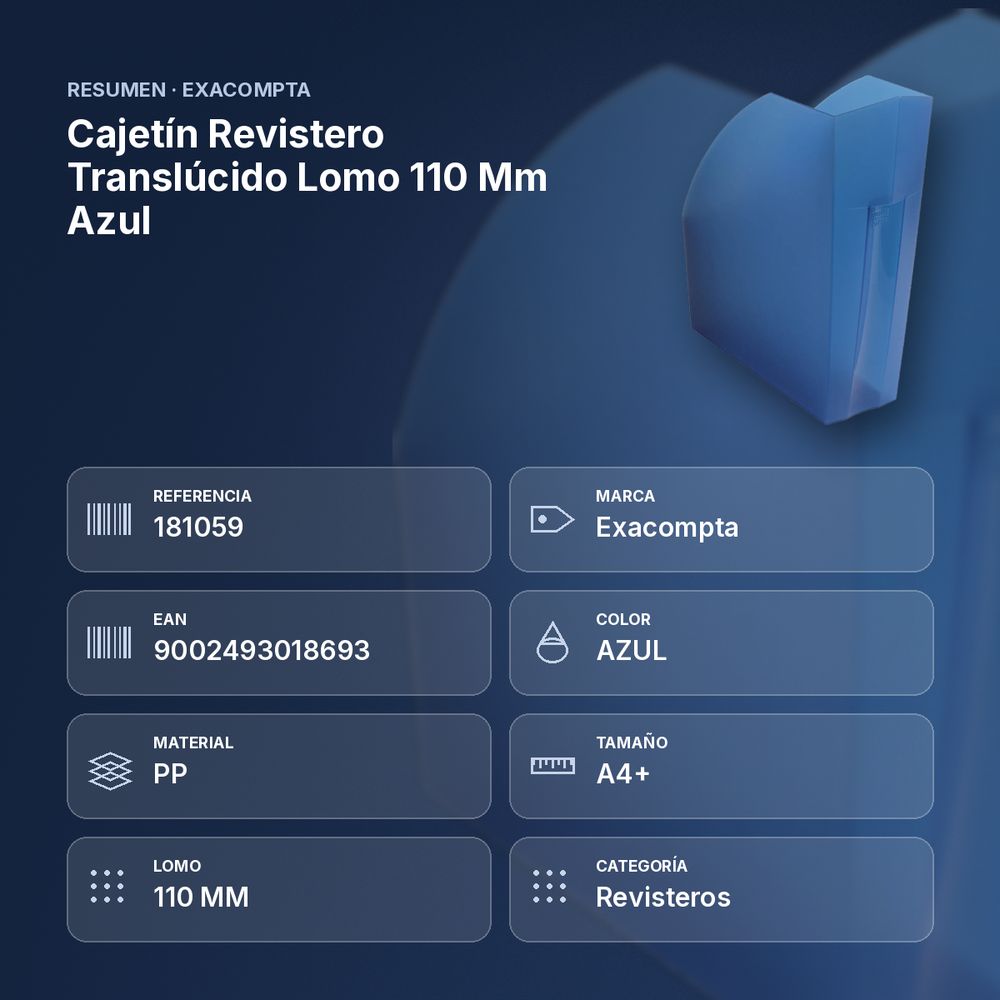 CAJETÍN REVISTERO TRANSLÚCIDO LOMO 110 MM AZUL - resumen de atributos
