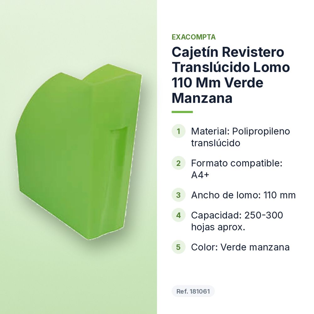 CAJETÍN REVISTERO TRANSLÚCIDO LOMO 110 MM VERDE MANZANA - características principales