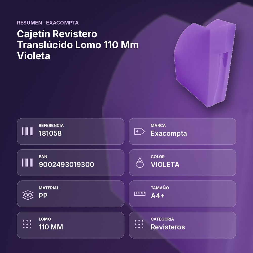CAJETÍN REVISTERO TRANSLÚCIDO LOMO 110 MM VIOLETA - resumen de atributos