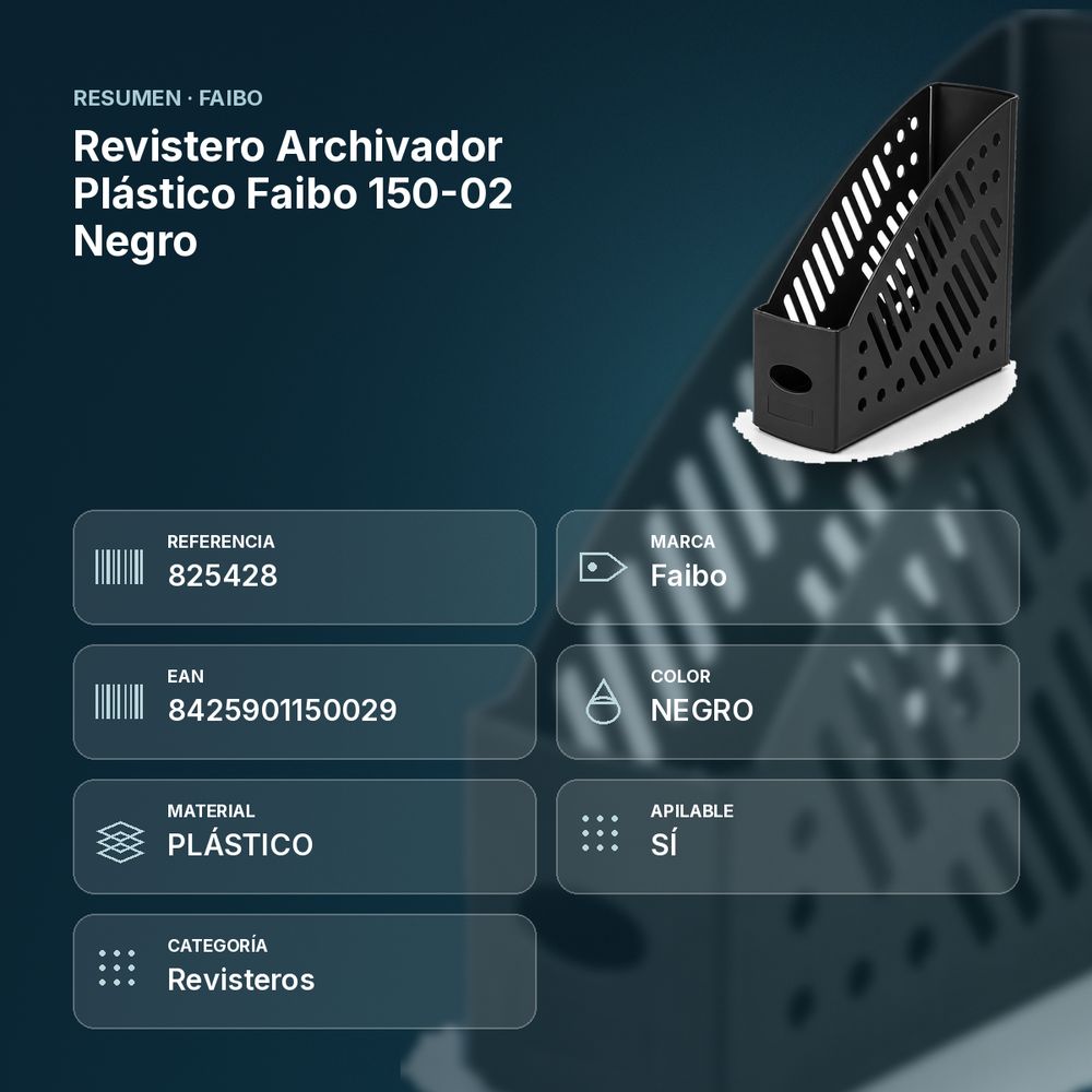 REVISTERO ARCHIVADOR PLÁSTICO FAIBO 150-02 NEGRO - resumen de atributos
