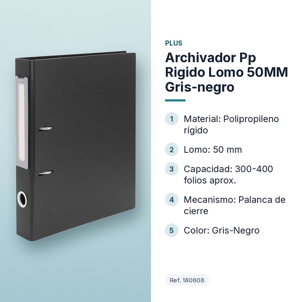 ARCHIVADOR PP RIGIDO LOMO 50MM GRIS-NEGRO - características principales