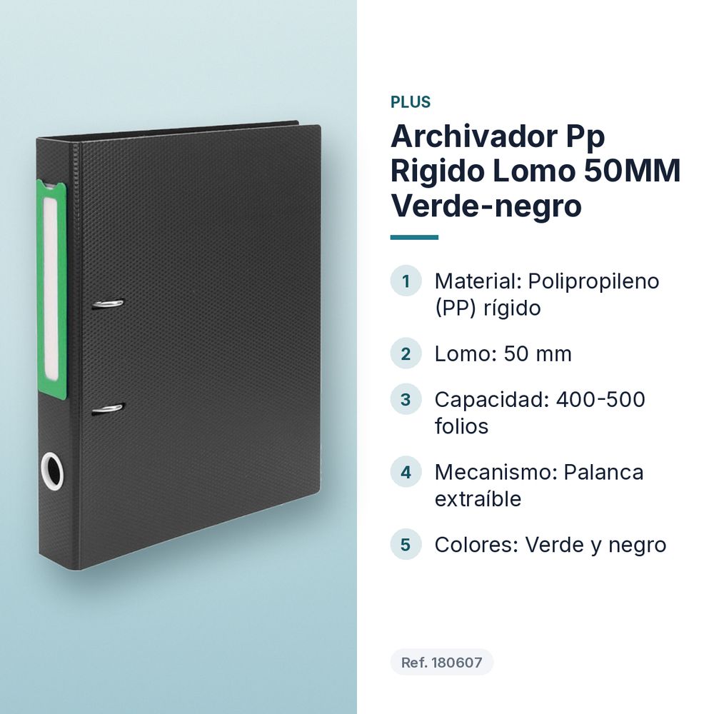 ARCHIVADOR PP RIGIDO LOMO 50MM VERDE-NEGRO - características principales