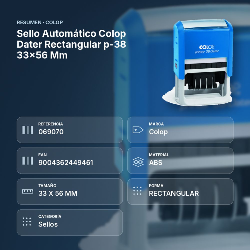 SELLO AUTOMÁTICO COLOP DATER RECTANGULAR P-38 33X56 MM - resumen de atributos