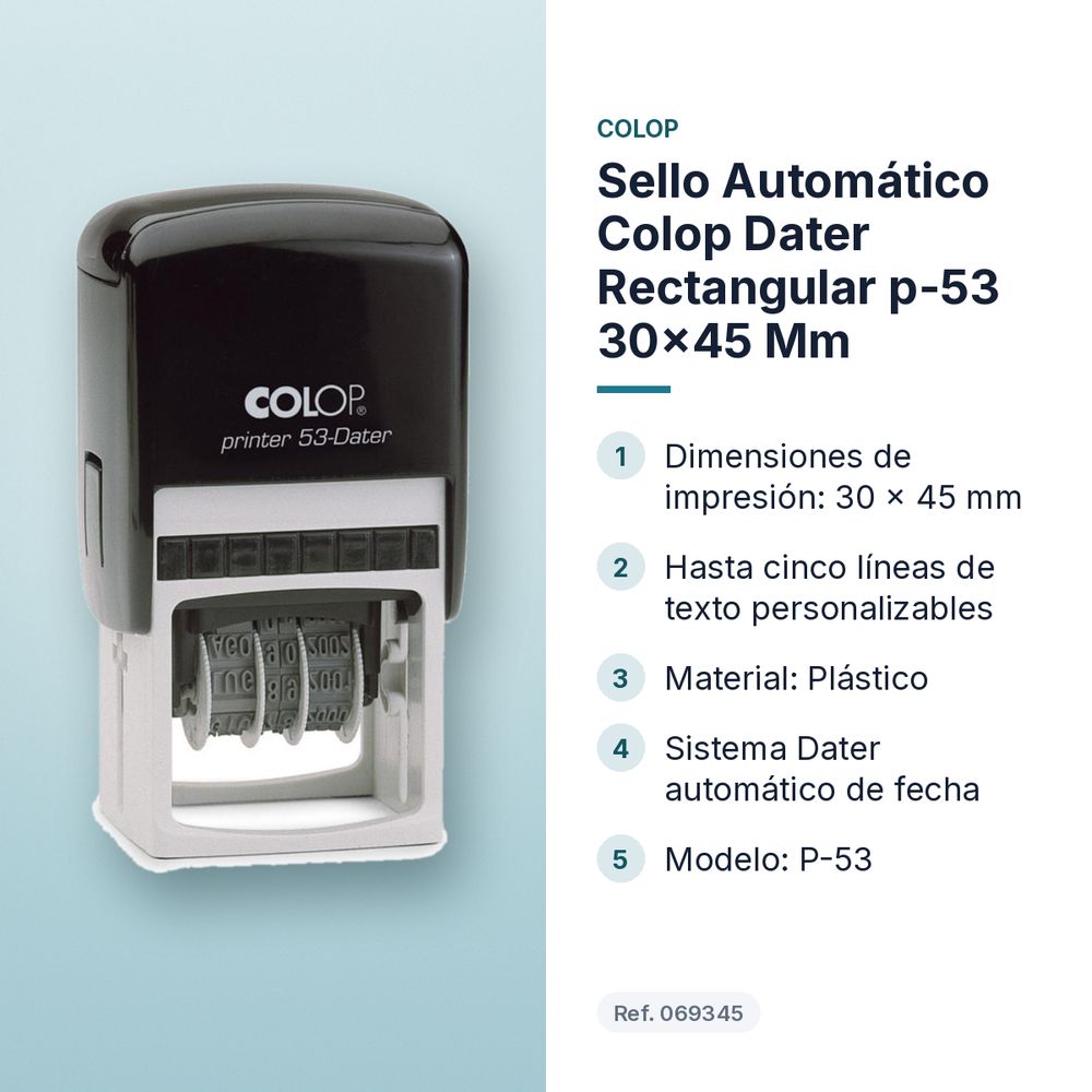 SELLO AUTOMÁTICO COLOP DATER RECTANGULAR P-53 30X45 MM - características principales